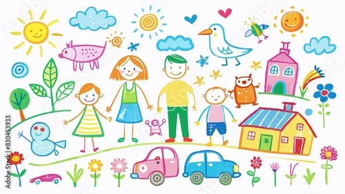 Simple stick figures embark on exciting adventures in a child's imaginative chalk drawing on a clean white background.