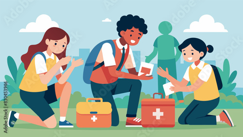 A student patrol member assigned to the schools first aid station assisting with any injuries or illnesses that may occur during the day.. Vector illustration