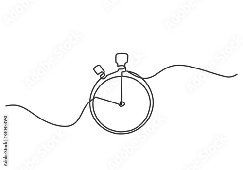 Stopwatch in one continuous single line art drawing style isolated on white background.