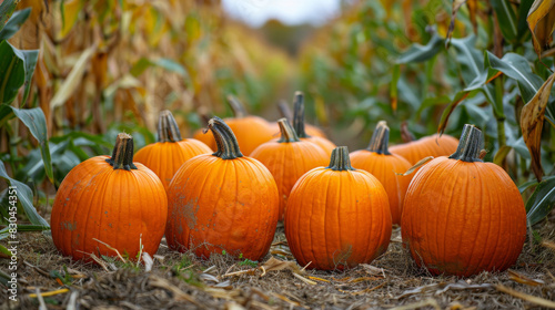 A row of pumpkins are sitting on the ground in a field