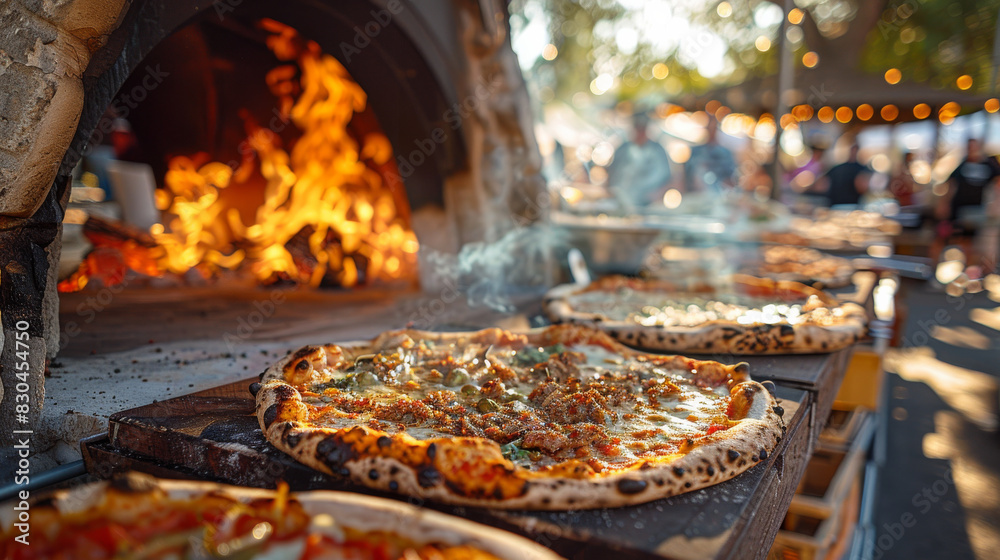 A pizza oven with several pizzas cooking inside