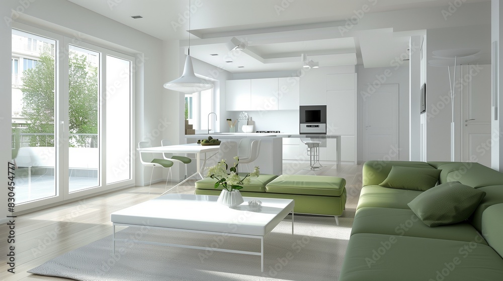 Fototapeta premium Modern Living Area with White Coffee Table and Green Sofa in Bright, Airy Space