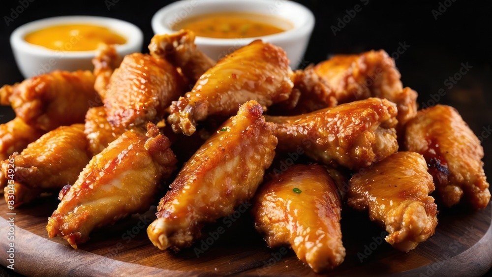Artisanal Wooden Board Presentation of Glazed Chicken Wings with BBQ Sauce Artisanal Wooden Board Presentation of Glazed Chicken Wings with BBQ Sauce