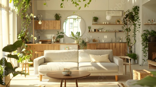 Cozy and Minimalist Living Room with Natural Greenery and Warm Lighting