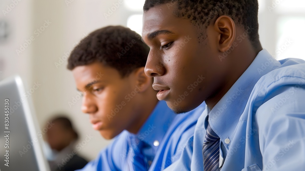 Young African American Students Collaborating on Digital Devices in Classroom Setting Young African American Students Collaborating on Digital Devices in Classroom Setting