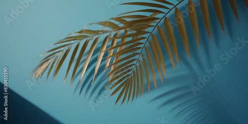 A Minimal Abstract Background for Product Presentation, Featuring Blurred Shadows from Palm Leaves Cast on a Blue Wall. Perfect for Evoking the Essence of Spring and Summer in Your Designs. 