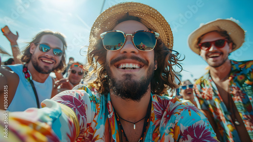 Hipster guy in sunglasses taking a selfie with friends at a music festival, enjoying the live music and the vibrant atmosphere.