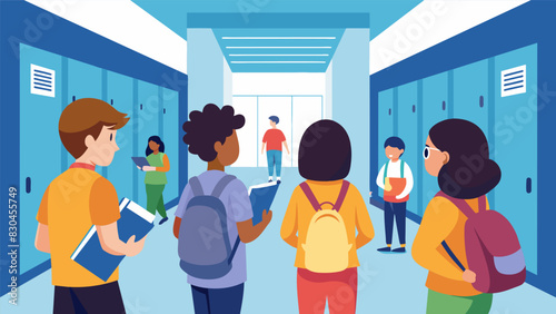 A team of students monitoring the schools hallways during class changes making sure there are no disruptions or unsafe behavior.. Vector illustration