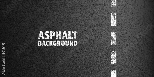 Asphalt road with white cracked lane marking, concrete highway surface, texture. Street traffic line, road dividing strip. Pattern with grainy structure, grunge stone background. Vector illustration