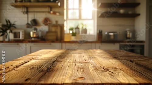 Modern kitchen interior showcasing an unoccupied wooden table