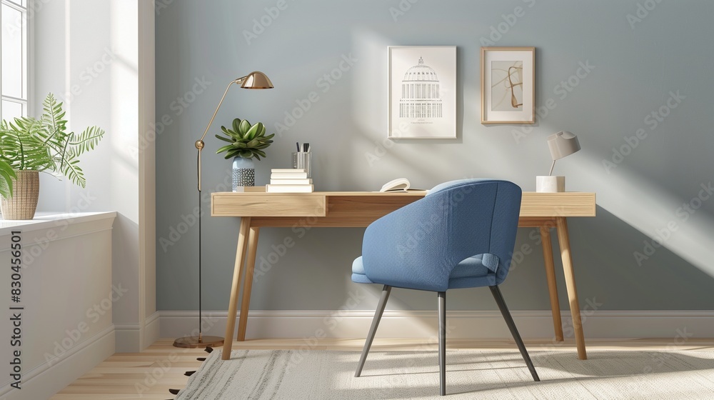 Stylish Home Office with Blue Chair and Light Wood Desk in Clean, Modern Environment Stylish Home Office with Blue Chair and Light Wood Desk in Clean, Modern Environment