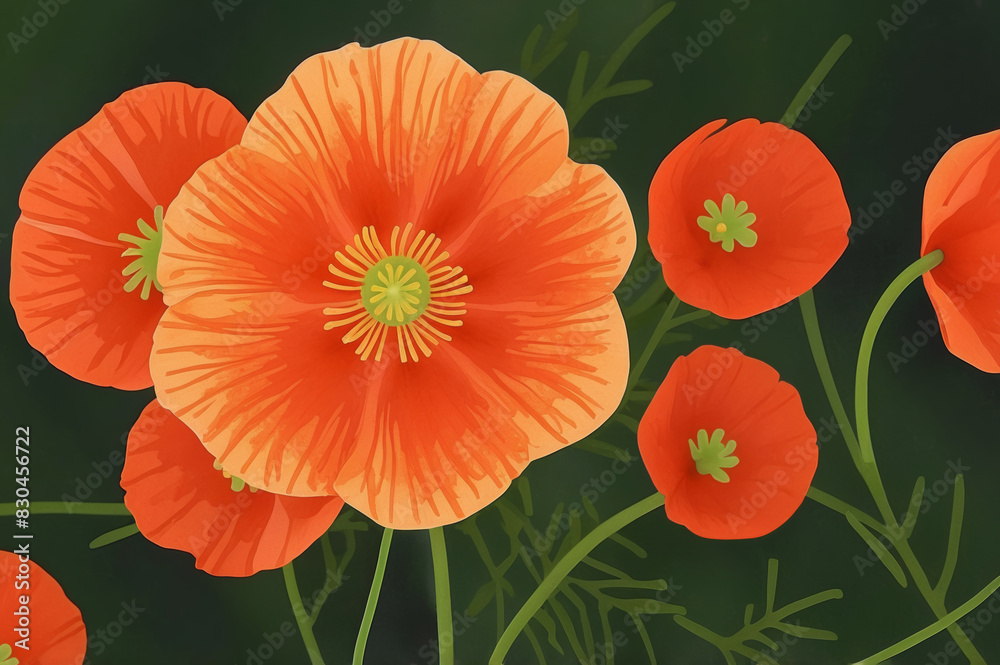 Fototapeta premium Vibrant orange poppies stand out against a contrasting dark green background. The flowers, with their detailed petal structure and prominent stamens, evoke a sense of natural beauty and freshness.