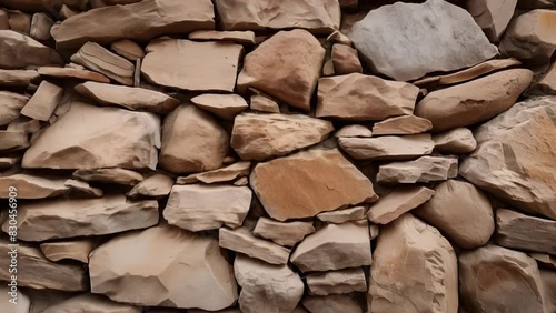 A close-up of a rustic stone wall, showcasing a variety of natural stones in different shapes and earthy tones. 