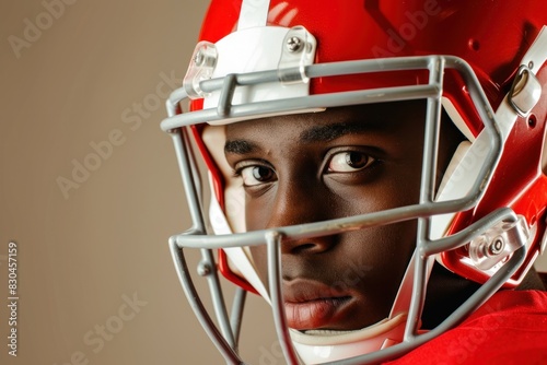 African American football player face portrait photography helmet.