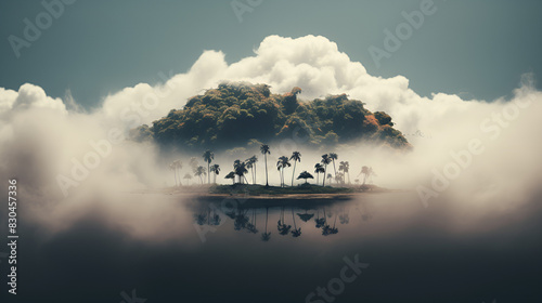An idyllic island nestled amidst fluffy clouds and lush trees, creating a serene and picturesque scene. photo