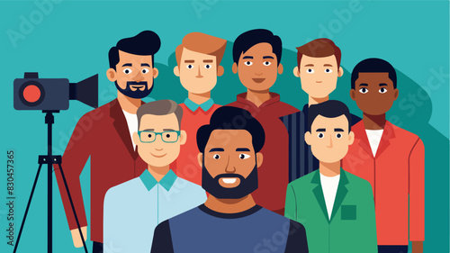 In a photography studio a diverse group of men pose for a series of portraits highlighting their unique features and personalities.. Vector illustration