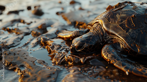 Environmental pollution by hazardous chemical waste. Close-up of a dead sea turtle lying on the ground in a dirty place. An animal in oil photo