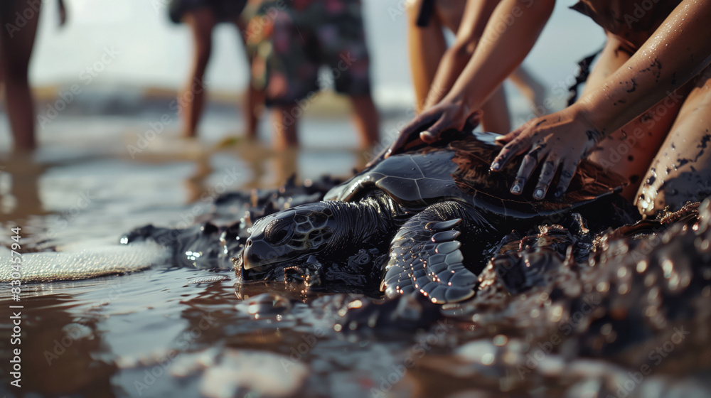 Obraz premium A group of tourists rescues a dying sea turtle from oil. Pollution of natural water as a result of an oil spill. The devastating impact of the oil spill