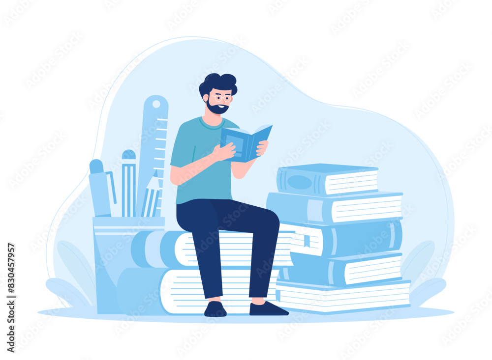 Reading education learning student sitting at book and reading concept flat illustration Reading education learning student sitting at book and reading concept flat illustration