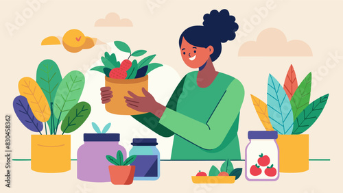 A plant enthusiast shared tings from her garden exchanging her greenery for homemade baked goods or jars of homemade jam.. Vector illustration