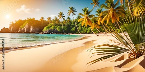 A Beautiful Wide Panorama of a Beach Paradise with Golden Sand and Blurred Palm Leaves, Perfect for Capturing the Essence of Summer in a Stunning Banner Image. 