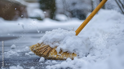 Broom Efficiently Clearing Snow from Driveway After Winter Storm