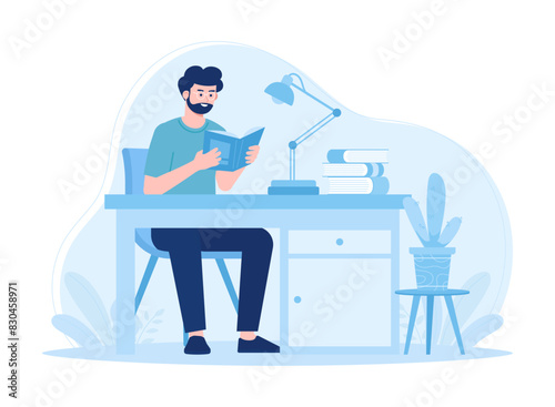 Reading education  a student reading in the study room concept flat illustration