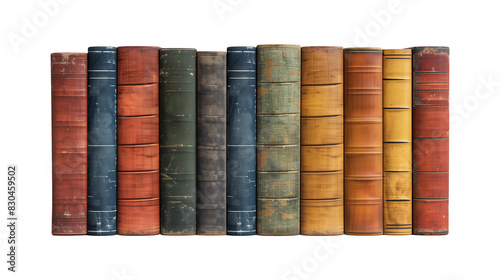 Mockup of isolated book spines with blank cover on a transparent background. Set of classic antique old book in side view, various colours. Volume 1.