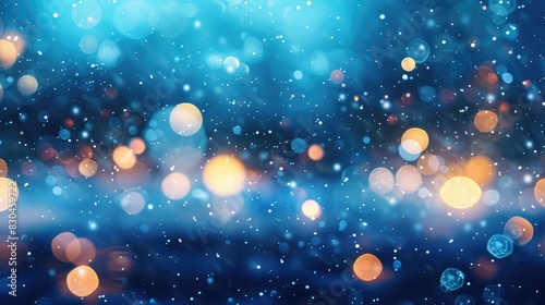 Abstract bokeh lights over a blue background with snowfall