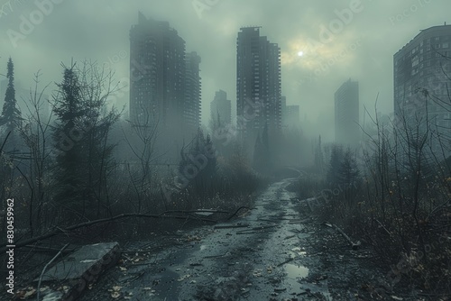 A desolate cityscape shrouded in mist, with towering buildings rising from a landscape of debris and overgrown trees. photo