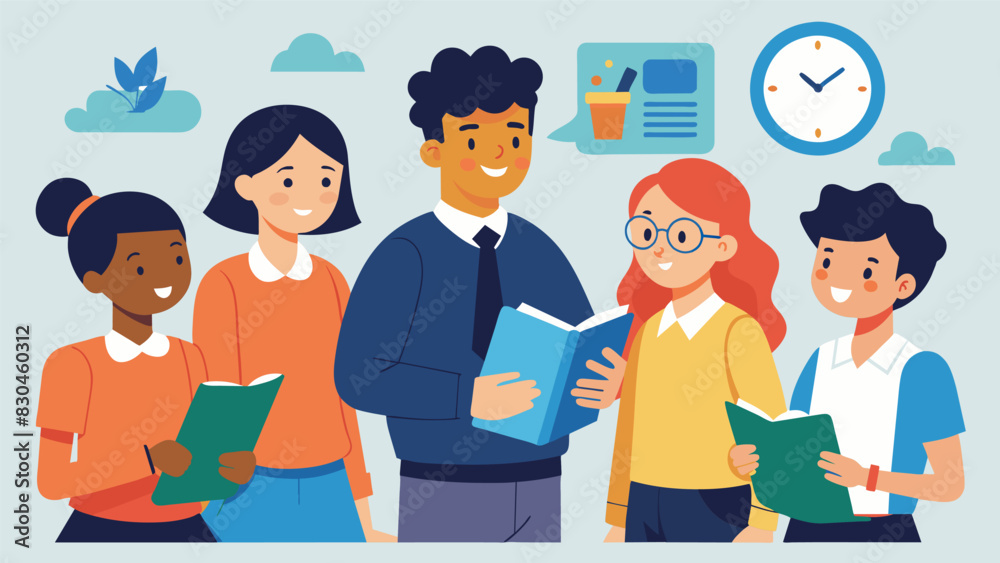 During a school field trip peer mentors discuss with their mentees the importance of time management and effective planning in making the most out of the educational experience.. Vector illustration During a school field trip peer mentors discuss with their mentees the importance of time management and effective planning in making the most out of the educational experience.. Vector illustration