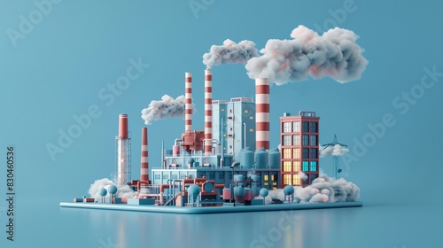 3D illustration of a factory with chimneys emitting smoke in a vibrant blue background, representing industrial production and pollution.