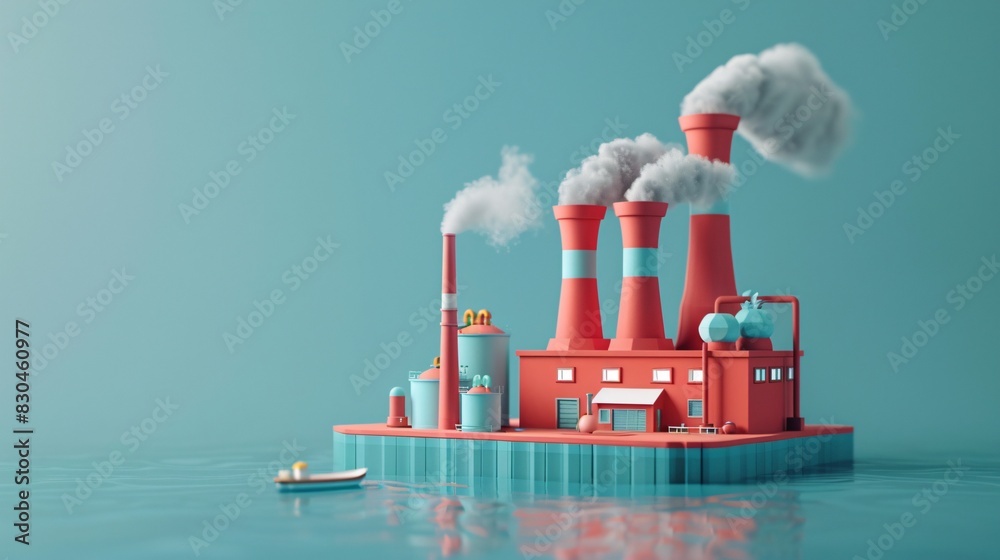 Obraz premium Colorful 3D illustration of an isolated industrial factory on a small island, with smoke stacks and a boat nearby, in minimalist style.