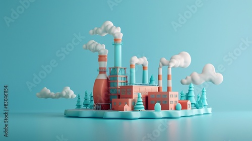 Whimsical 3D illustration of an industrial factory with pastel colors and clouds against a blue background, creating a modern, stylized look.