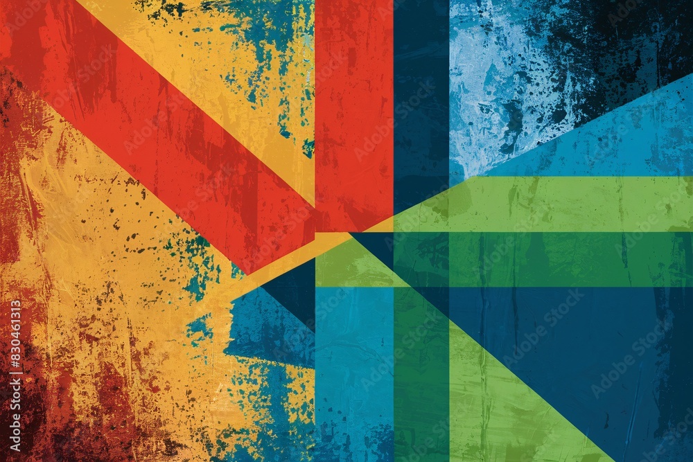 Naklejka premium Abstract colorful geometric mural design with a grunge-textured background.