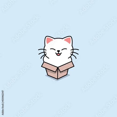 Cute white cat in small box cartoon, vector illustration