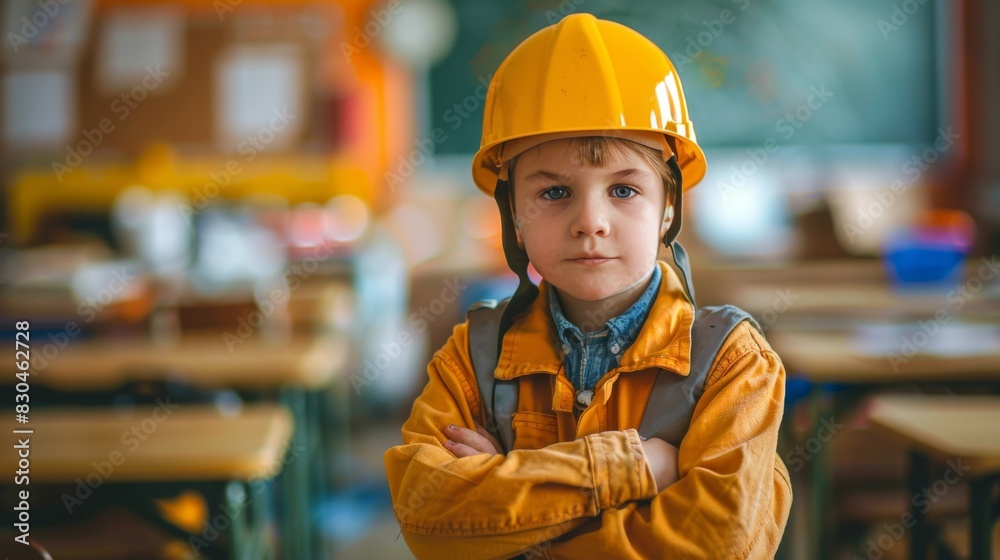 Little boy in a worker suit looking at the camera against a blurred school classroom background. perfect for themes related to education, career exploration, or children's development Little boy in a worker suit looking at the camera against a blurred school classroom background. perfect for themes related to education, career exploration, or children's development