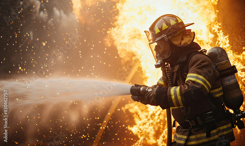 Brave firefighter in action against blazing inferno