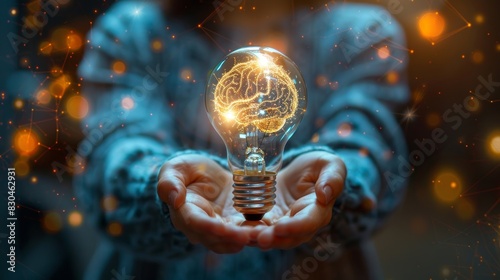 Businesswoman holding light bulb with brain inside, Creative and innovation inspiration, Business bright idea concept, generative ai photo