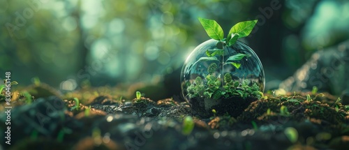 Earth ball with plant, environmental protection, nature conservation, ecoconsciousness, blurred background photo