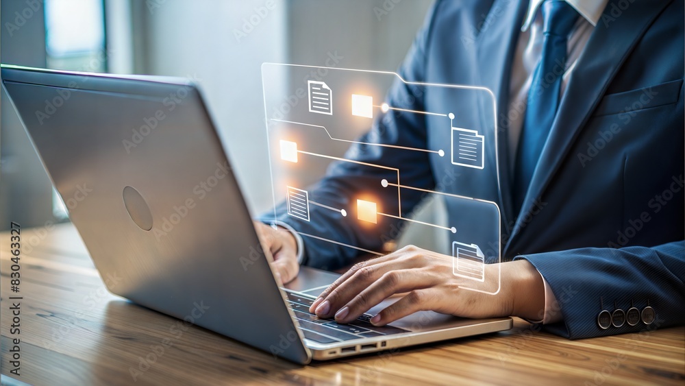 Document management concept. Person use laptop to paperless online approval for business process workflow illustrating management approval and project approve concept. Document management concept. Person use laptop to paperless online approval for business process workflow illustrating management approval and project approve concept.