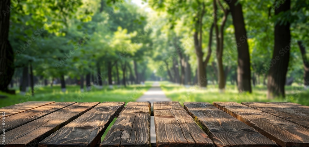 Empty wooden table with green park nature background Empty wooden table with green park nature background