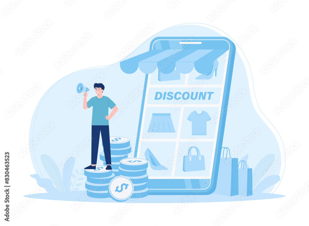 Obraz premium Marketing or special offers discounts, online shopping concept flat illustration