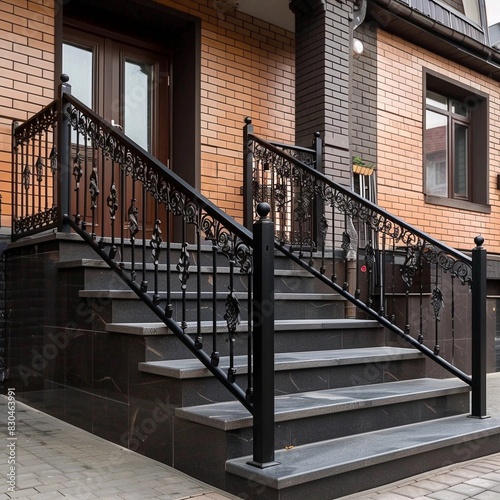 beautiful black staircase to a building on a city street
