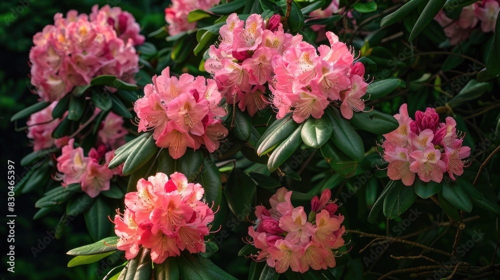 Pink rhododendron blooms on a small tree shrub during the spring in Europe Pink rhododendron blooms on a small tree shrub during the spring in Europe
