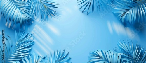 Palm leaf silhouettes on blue background, Product advertisement backdrop, Tropical vacation theme, Minimal concept with copy space, generative ai