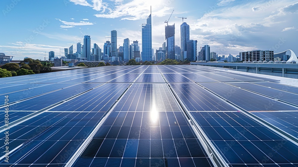 A rooftop covered in solar panels with a city skyline in the background, symbolizes the integration of solar energy into urban landscapes. A rooftop covered in solar panels with a city skyline in the background, symbolizes the integration of solar energy into urban landscapes.