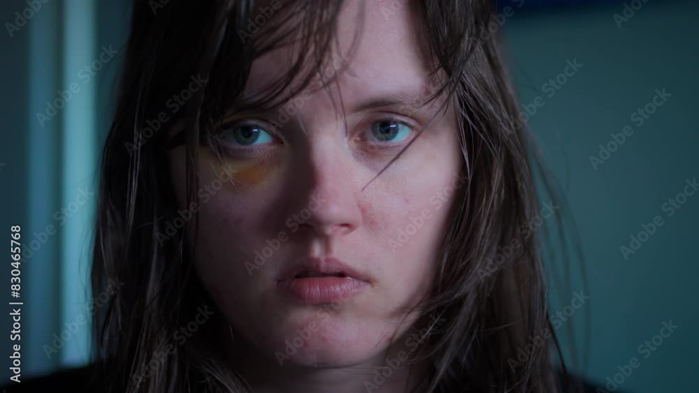 Close up of a young scared woman with bruised eye looking in the mirror in slow motion. Domestic Violence Victim Close up of a young scared woman with bruised eye looking in the mirror in slow motion. Domestic Violence Victim