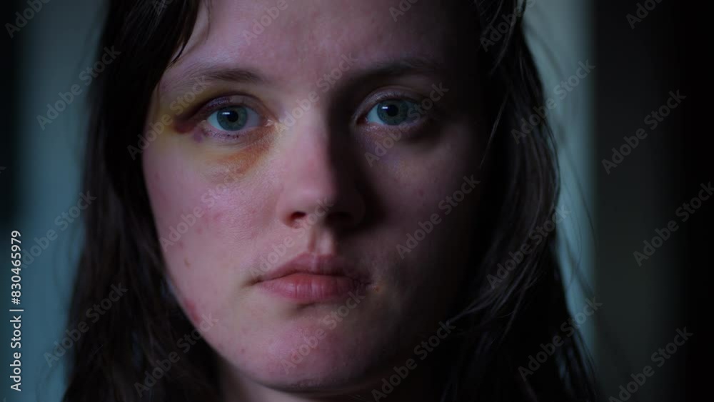 Close up shot of abused scared Woman with bruised eye in a dark room after domestic violence in slow motion. Close up shot of abused scared Woman with bruised eye in a dark room after domestic violence in slow motion.
