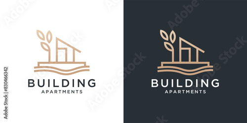 Minimalist architecture logo with landscape . Modern design branding for real estate, building, architecture, construction and renovation outline vector logo design Inspiration 